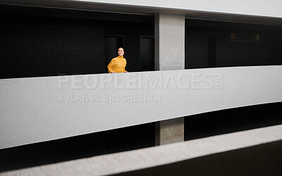 Buy stock photo Architecture, building and woman with motivation, thinking and inspiration for engineering design, vision and goals. Business ideas, success and Asian woman in urban, creative and modern workplace