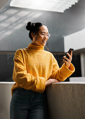 Buy stock photo Woman, smartphone and video call with communication and technology, internet connectivity and happiness. Asian person, 5g network and smile, influencer live streaming with phone and social media