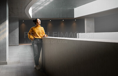 Buy stock photo Thinking, mockup and apartment with an asian woman standing in a hallway alone waiting for inspiration. Idea, mock up and full body with an attractive young female in casual clothes at home
