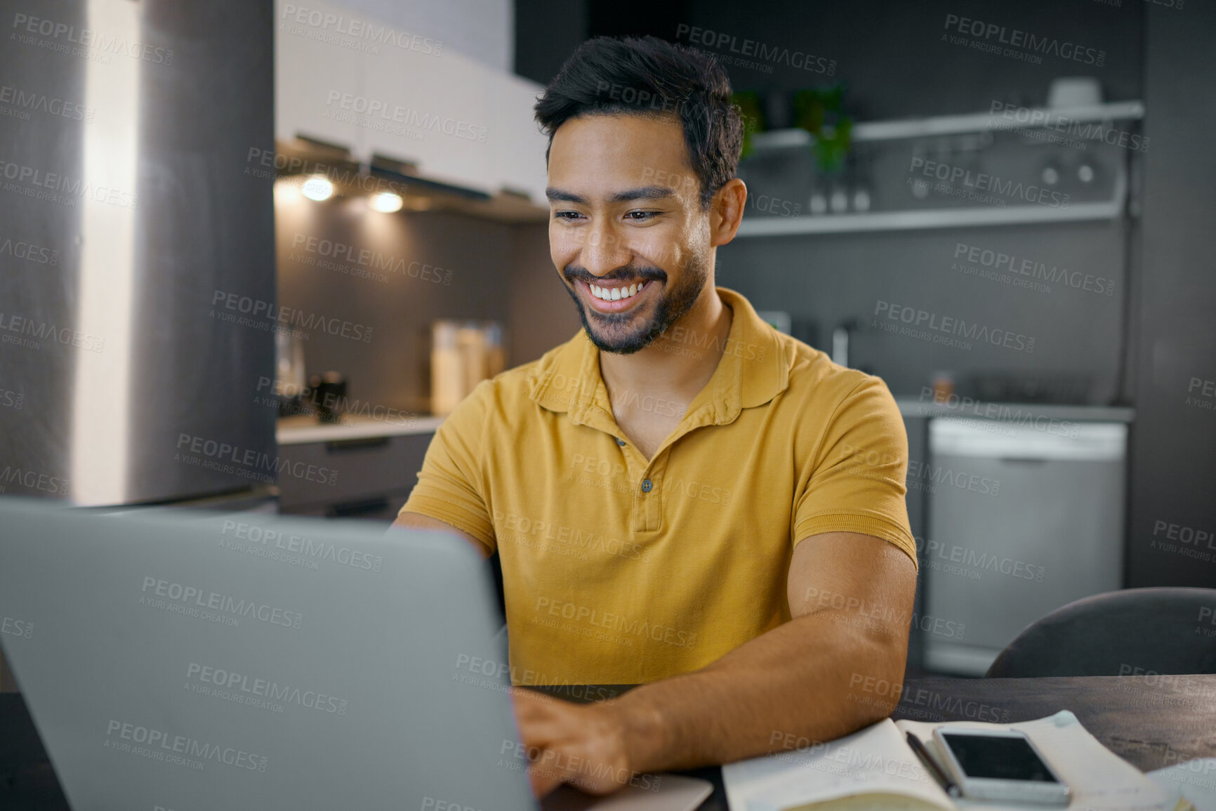 Buy stock photo Man work from home, laptop and typing, copywriter writing article with internet research and smile in apartment. Copywriting, creative and SEO, digital marketing worker with pc and wifi connectivity