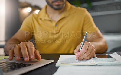 Buy stock photo Businessman, hands and writing with pen by laptop for accounting, finance or planning schedule at home. Hand of male, person or remote employee busy with paperwork, diary or book for financial plan