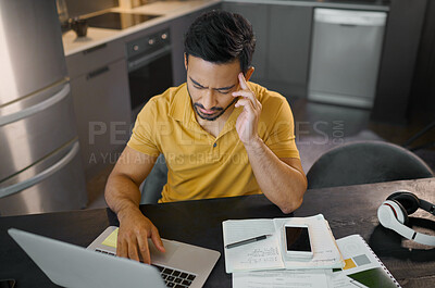 Buy stock photo Man with headache, laptop and working from home with pain from stress and burnout, frustrated with glitch and overworked. Health, tired and job fatigue,  remote work with 404 on pc and wifi problem