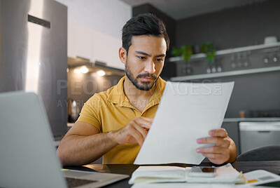 Buy stock photo Budget, paperwork and Asian man planning with a laptop for finance, insurance and tax. Payment, note and Japanese entrepreneur reading information on a contract to start a small business from home