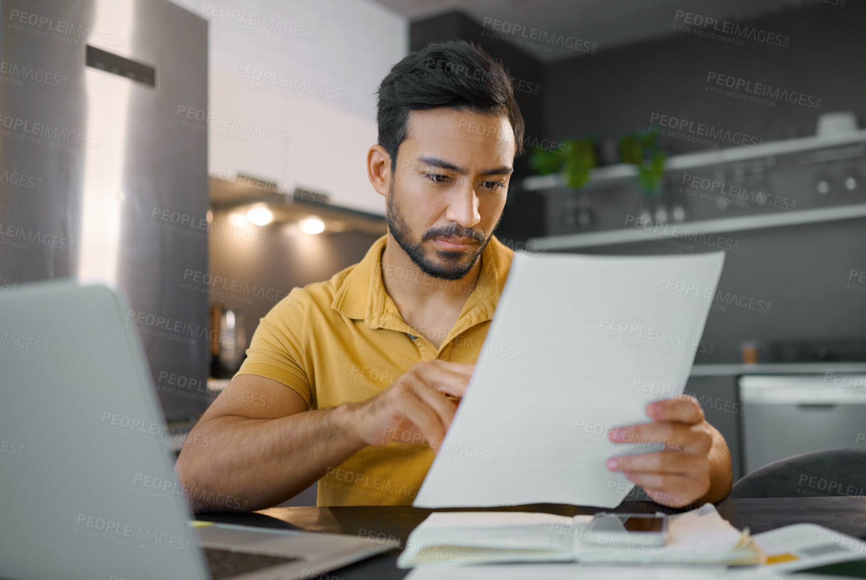 Buy stock photo Budget, paperwork and Asian man planning with a laptop for finance, insurance and tax. Payment, note and Japanese entrepreneur reading information on a contract to start a small business from home