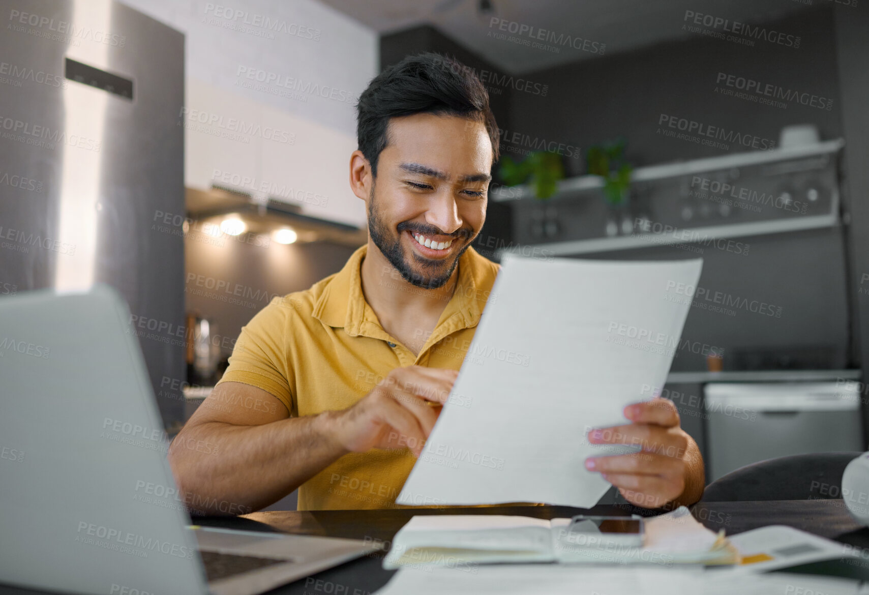 Buy stock photo Planning, smile and Asian man with paperwork and a laptop for finance budget, entrepreneurship and tax. Happy, summary and freelancer reading the proposal of a project, financial deal or report