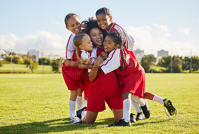 Buy stock photo Soccer children, winner or happy for success, goal or wellness in match, game or fitness with smile on football field. Motivation, sport or kids celebrating in training, workout for teamwork exercise