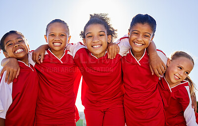 Buy stock photo Group portrait, girl football and field with smile, team building motivation or solidarity at sport training. Female kids, sports diversity and happy with friends, teamwork or development for soccer