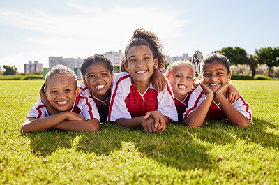 Buy stock photo Soccer children team, portrait or happy for success, goal or wellness in match, game or competition with smile on field floor. Motivation, sport or kids in training, workout for teamwork exercise