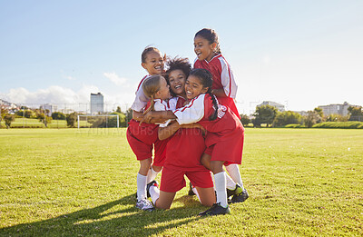 Buy stock photo Success, soccer or winner children team hug in stadium for sports exercise, sport game or workout training. Teamwork, Canada or kids in celebrating fitness, wellness or health goal on football field