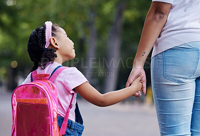 Buy stock photo Back, mother and girl holding hands, school and education for learning, bonding or talking. Knowledge, mama or daughter walking, conversation or support for child development, kindergarten and care