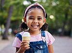 Portrait, young girl with ice cream in park, happy child outdoor with nature and freedom, dessert and smile. Travel, happiness and adventure, growth and childhood with family day out and youth mockup