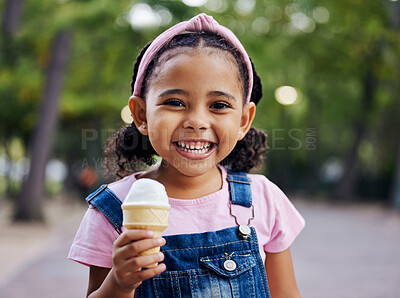 Buy stock photo Portrait, young girl with ice cream in park, happy child outdoor with nature and freedom, dessert and smile. Travel, happiness and adventure, growth and childhood with family day out and youth mockup