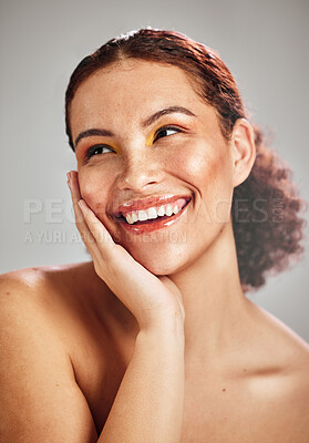 Buy stock photo Beauty studio, facial eyeshadow and happy woman with creative cosmetics makeup, skincare glow and luxury self care. Cosmetology face, spa salon and aesthetic model smile isolated on grey background