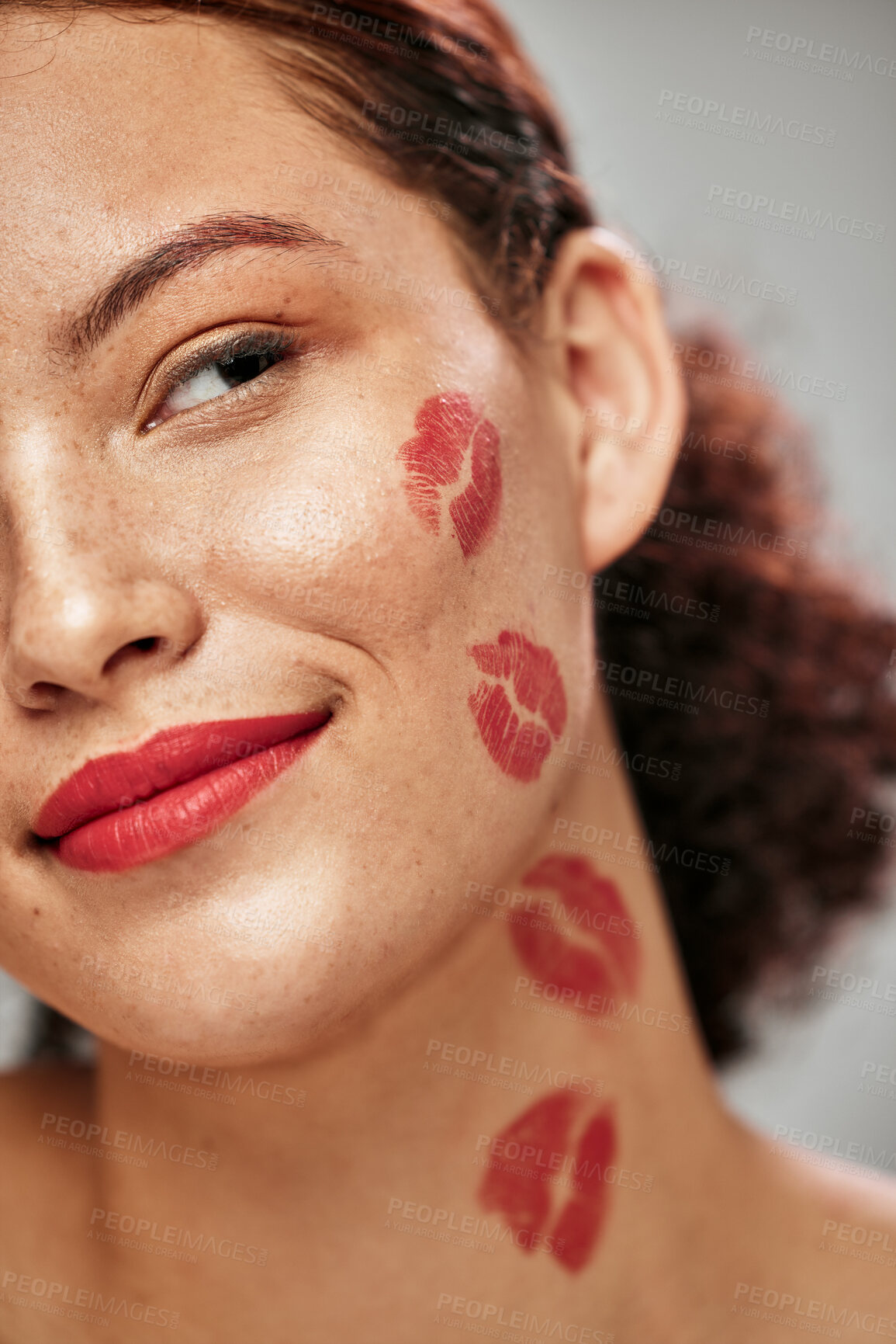 Buy stock photo Makeup, lipstick kiss and beauty of woman model in studio for cosmetics, love and glow on skin. Headshot of aesthetic person with red color lips for valentines day facial idea or skincare motivation
