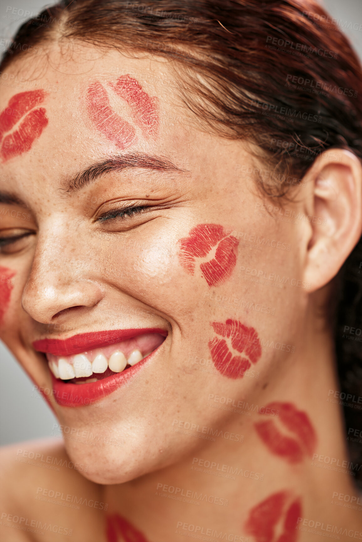 Buy stock photo Happy woman, red lipstick and makeup on face of skin model in studio for cosmetics and love. Headshot of aesthetic person with funny comic idea for valentines day spa facial or skincare motivation