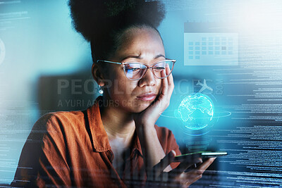 Buy stock photo Phone, hologram and digital with a business black woman doing research using 3d ai technology in her office at night. Futuristic, data and cloud computing with a female employee working in finance