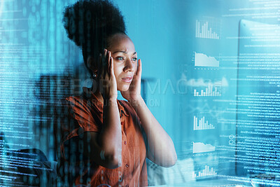 Buy stock photo Business stress headache, computer and black woman burnout over crypto investment, stock market crash or finance loss. Forex economy crisis, bitcoin mining analytics and overlay of trader trading NFT