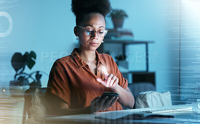Buy stock photo Hologram, futuristic overlay and black woman with phone in a business office reading code data. Fintech, invest and 3d information technology work of a finance worker with digital and future web job