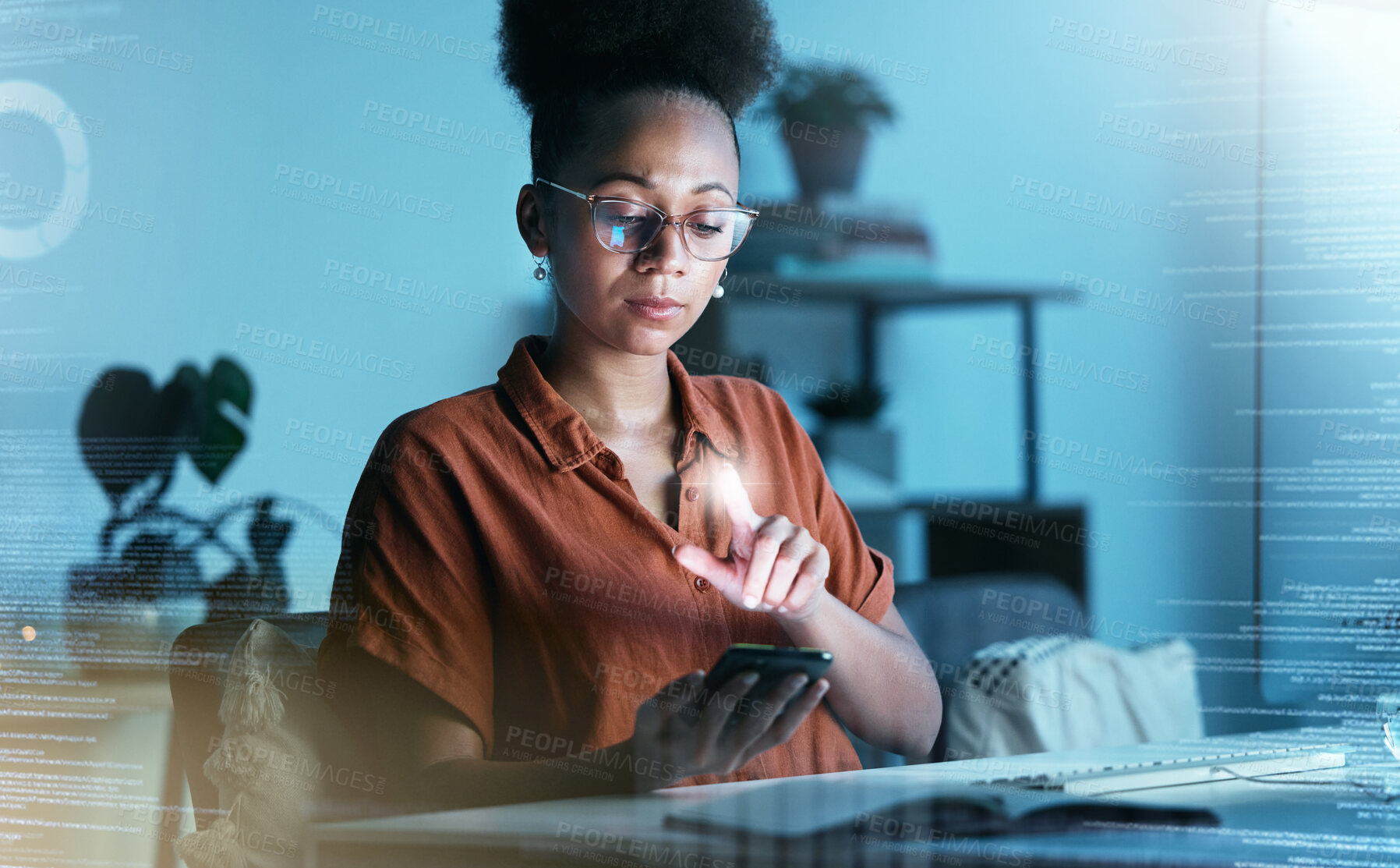 Buy stock photo Hologram, futuristic overlay and black woman with phone in a business office reading code data. Fintech, invest and 3d information technology work of a finance worker with digital and future web job