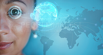 Buy stock photo Woman, face and eye scanner in biometrics for global networking, cyber security or optic identity in double exposure. Female optical safety with futuristic technology for access or facial recognition