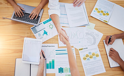 Buy stock photo B2B people, handshake or collaboration for corporate trust, success deal or company innovation. Top of business meeting, thank you or shaking hands in partnership, teamwork or creative goal strategy