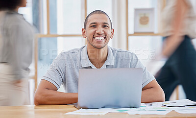 Buy stock photo Planning, busy office and person on laptop, email management and portrait for career mission in startup. Happy worker, black man or employee smile, working on computer and documents in fast workplace