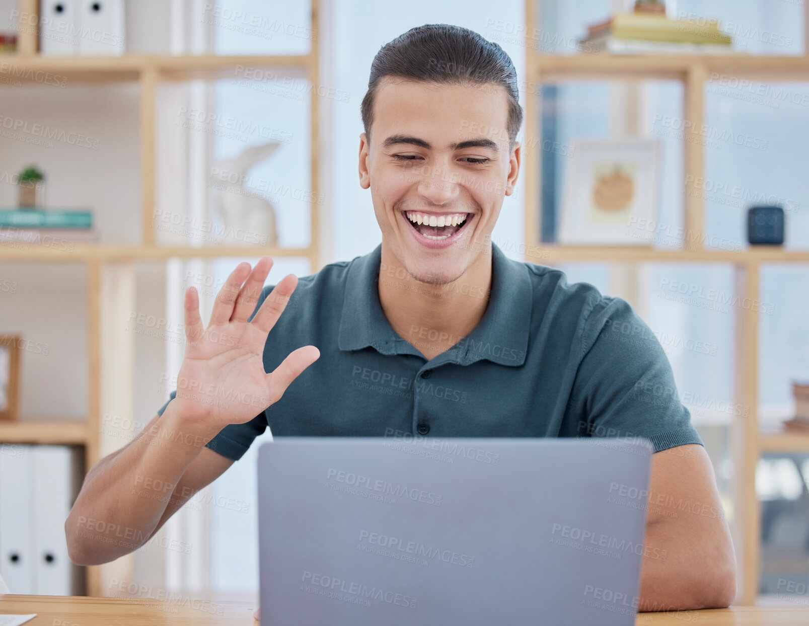 Buy stock photo Webinar, laptop video call or business man wave for communication, SEO networking or social network with smile in office. Manager, happy or employee greeting in meeting, collaboration or presentation