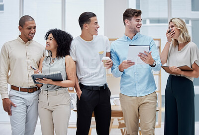 Buy stock photo Creative business people, laughing and team building in collaboration with smile together for startup at a office. Happy employee workers smiling in happiness for group training, planning or schedule