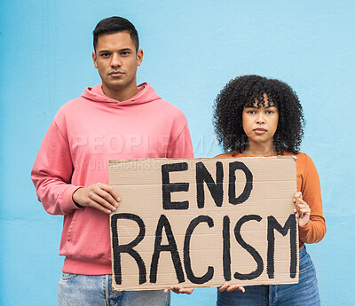 Buy stock photo People portrait, cardboard or poster in racism protest, human rights equality or diversity freedom campaign. Man, black woman or friends and banner, billboard or sign on race empowerment background