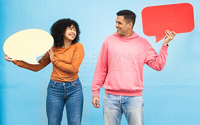 Buy stock photo Happy people, laughing or speech bubble on isolated blue background for social media, vote mock up or idea mockup. Smile, man or woman with communication poster, blank billboard or branding placard