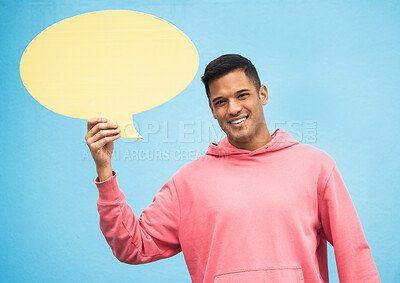 Buy stock photo Happy man, portrait or speech bubble on isolated blue background for social media, vote mock up or idea mockup. Smile, student or model with communication poster, blank billboard or branding placard