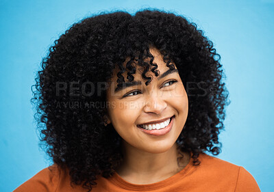 Buy stock photo Happy, black woman or afro hairstyle on isolated blue background with keratin treatment, self love or healthcare wellness. Headshot, smile or beauty model with curly brunette trend on urban city wall
