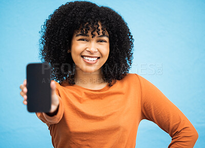 Buy stock photo Happy black woman, hand or portrait of phone screen mockup on isolated blue background in social media app or web design. Smile, person or student on technology mock up, city contact or communication