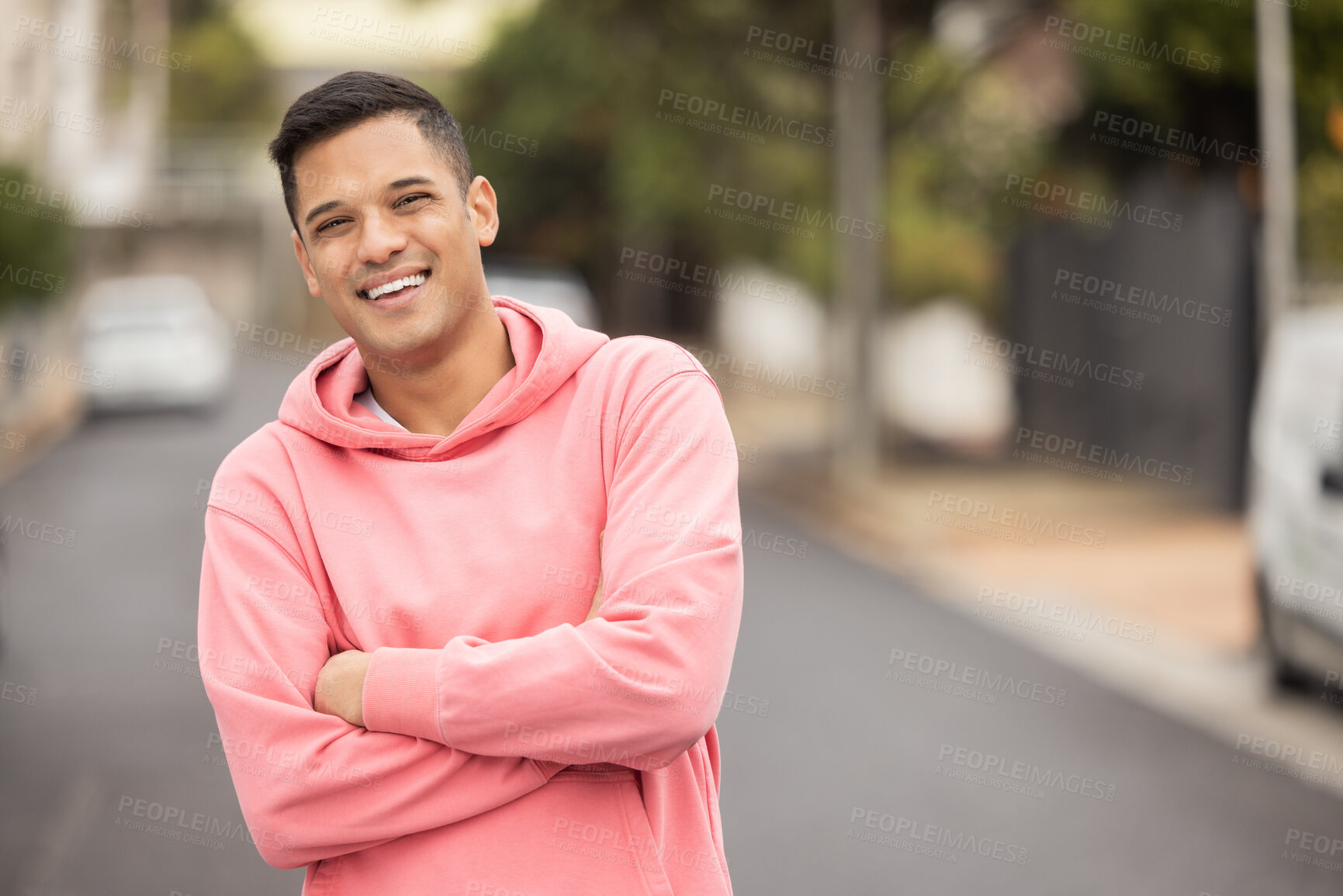 Buy stock photo Portrait, happy and man in a street for travel, explore and proud against a blurred background. Face, smile and handsome male posing in a city, excited and cheerful about vacation trip in Mexico