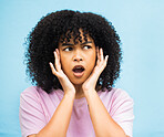 Shock, surprise face and black woman with isolated blue background in a studio. Wow, thinking and hands of a young person hearing a secret or surprising announcement feeling confused and annoyed