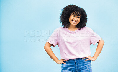 Buy stock photo Studio mock up, happy portrait and black woman smile for sales promo, discount gift deal or mockup space. Advertising girl, marketing product placement and African model isolated on blue background