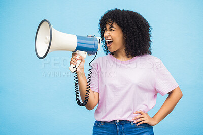 Buy stock photo Megaphone announcement speech, shout and black woman protest for democracy vote, justice or human rights rally. Racism opinion, microphone noise and profile speaker isolated on blue background studio