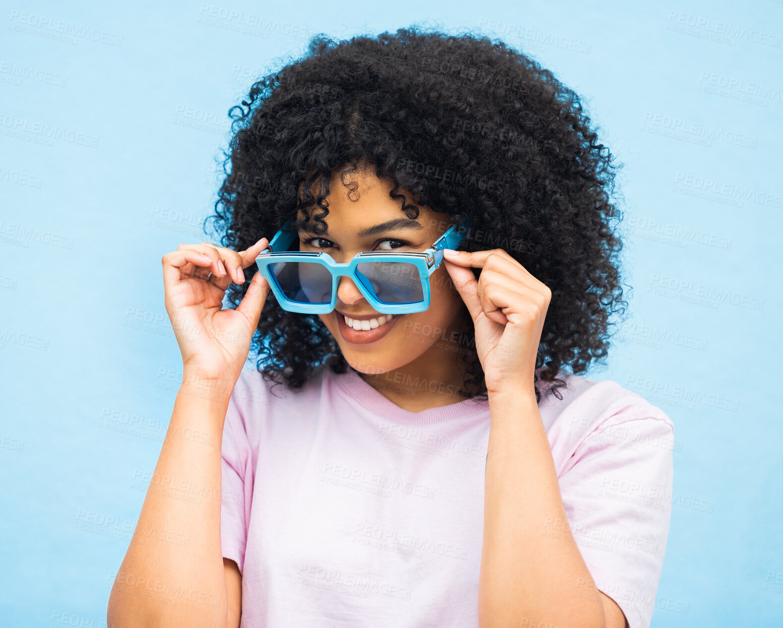 Buy stock photo Smile, sunglasses and happy with portrait of black woman for summer, fashion and beauty. Adventure, holiday and happiness with face of girl model and eyewear for weekend, trip and travel vacation