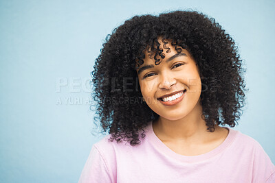 Buy stock photo Smile, fashion and portrait of black woman on blue background with makeup, cosmetics and retail mockup. Beauty, advertising and happy face of girl with copy space for sale, promotion and discount