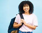 Student, portrait and woman with backpack in studio for travel, abroad and future dream on blue background. Face, girl and foreign learner excited for journey, experience and education opportunity 