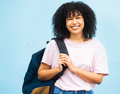 Buy stock photo Student, portrait and woman with backpack in studio for travel, abroad and future dream on blue background. Face, girl and foreign learner excited for journey, experience and education opportunity 