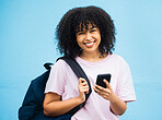 Portrait, student and black woman with bag, phone and tech on blue background. Happy girl, backpack and young person with mobile on social media, educational app or reading online internet connection