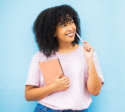 Buy stock photo Black woman, writer and thinking with notebook, smile and daydreaming for project, notes and girl on blue studio background. Jamaican female, lady and creative with ideas, decisions or happy student