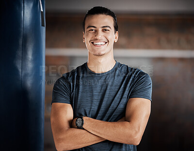 Buy stock photo Man, smile portrait and fitness in gym for exercise workout, boxing training and sports wellness mindset. Happy athlete, personal trainer success and relax happiness for cardio lifestyle in club