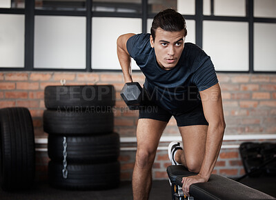 Buy stock photo Fitness, bench and dumbbell with a sports man training in a gym for strong or healthy muscles. Mindset. exercise and weightlifting with a male athlete or bodybuilder in a health club for a workout