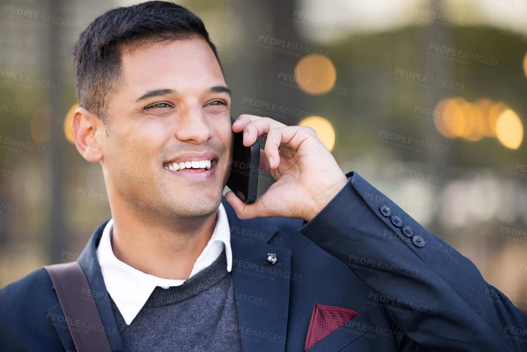 Buy stock photo Business man, phone call with communication and smartphone outdoor, networking and technology in city. Corporate professional, mobile and conversation, 5g network and b2b, contact and negotiation