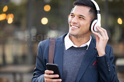 Buy stock photo Headphones, business man and outdoor phone listening with music streaming ready for work. Radio, mobile 5g connection and young professional with web podcast on technology and internet with bokeh