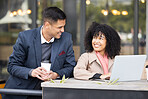 Black woman, businessman and cafe meeting with laptop, schedule planning and strategy for success. Man, coffee shop and working partnership, collaboration or happiness for financial solution business