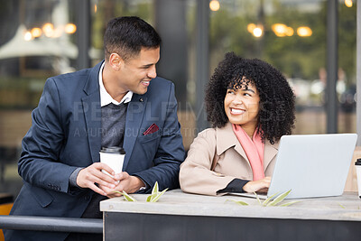 Buy stock photo Black woman, businessman and cafe meeting with laptop, schedule planning and strategy for success. Man, coffee shop and working partnership, collaboration or happiness for financial solution business