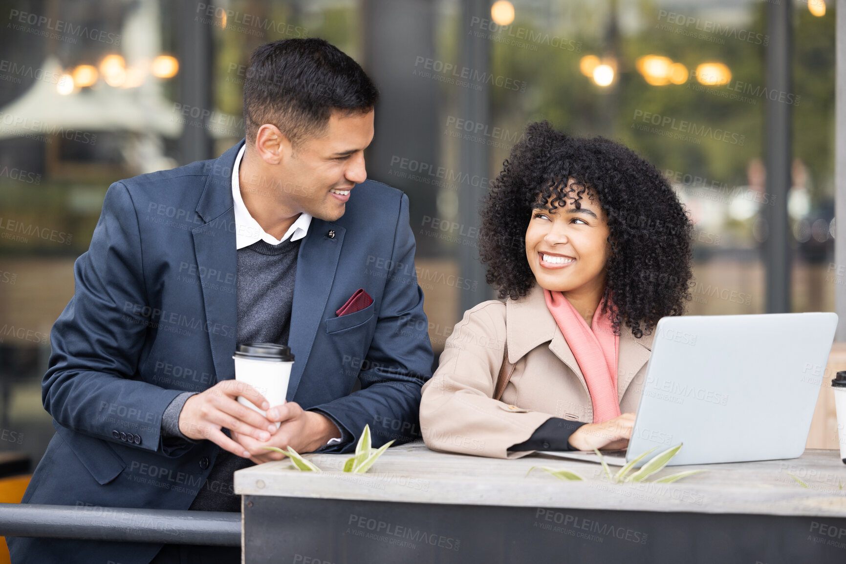 Buy stock photo Black woman, businessman and cafe meeting with laptop, schedule planning and strategy for success. Man, coffee shop and working partnership, collaboration or happiness for financial solution business